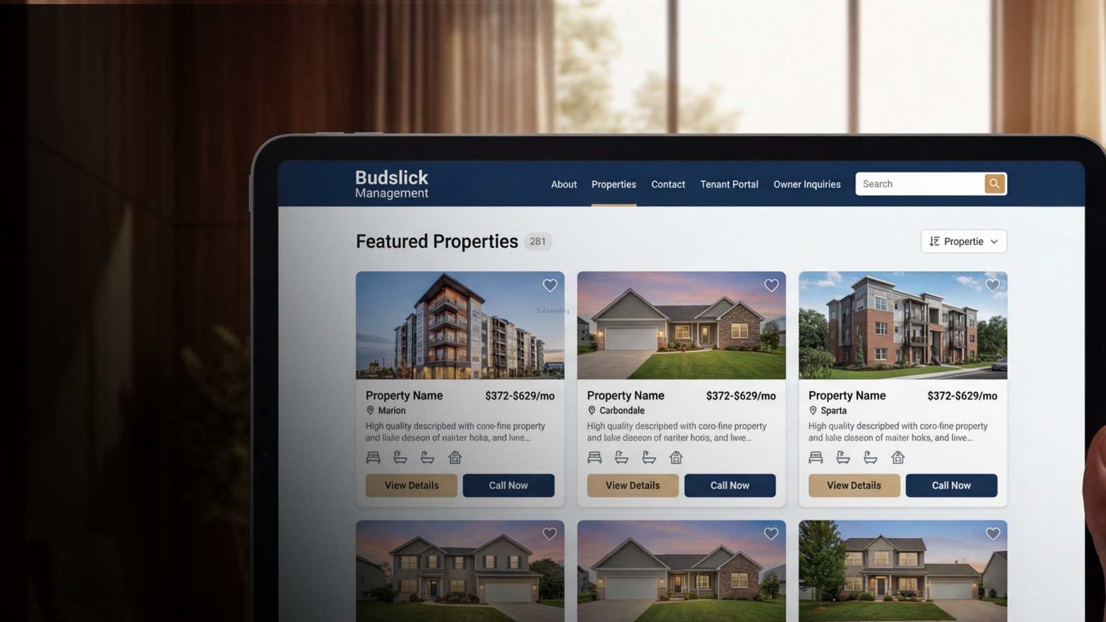 Budslick Management property website on tablet