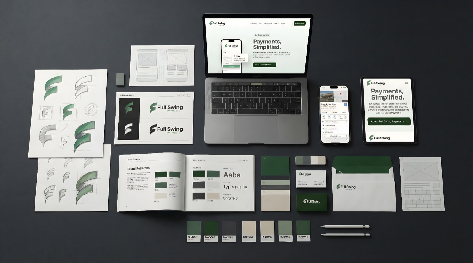 Full Swing Payments brand identity flat lay