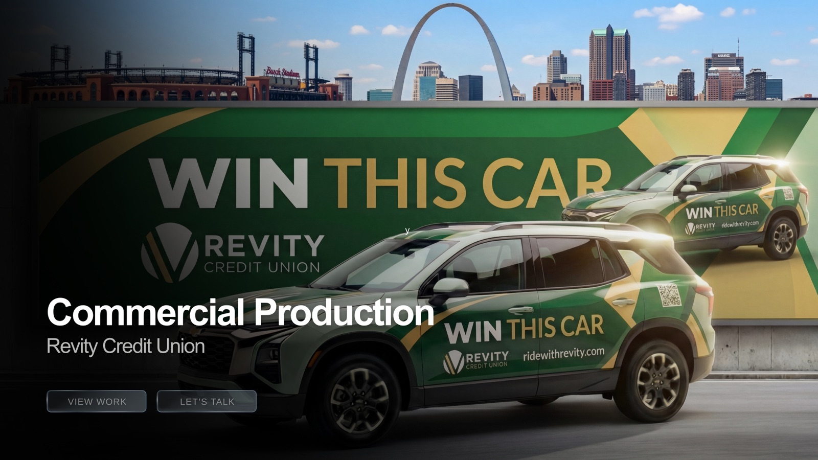 Revity Credit Union commercial production with St. Louis skyline